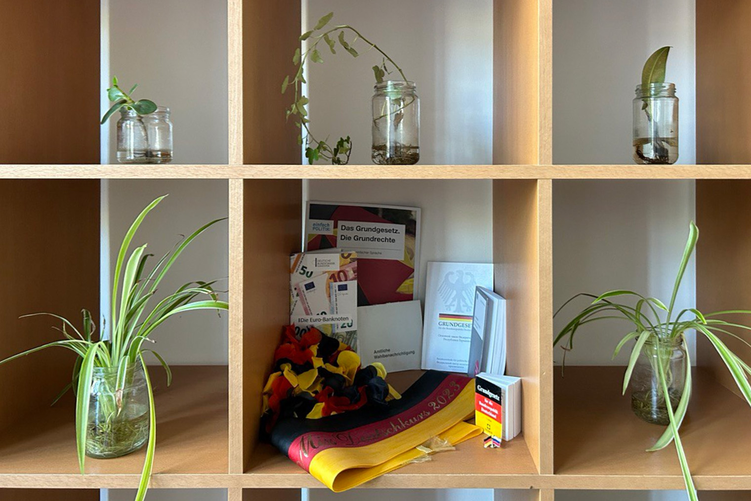 Немецкие коллеги любят дарить мне что-то с символикой Германии: ленточки, гирлянды на шею, значки. У нас в офисе подарков набралось на небольшую выставку на полке. Нашлось место и для конституции Германии на русском и немецком языках. Обе мы с коллегами заказали бесплатно (сайт недоступен из РФ) — это может сделать каждый