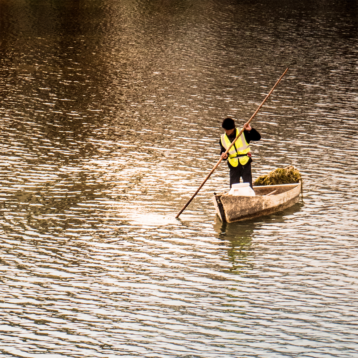 Работник парка, словно художник, рисовал по озеру веслом