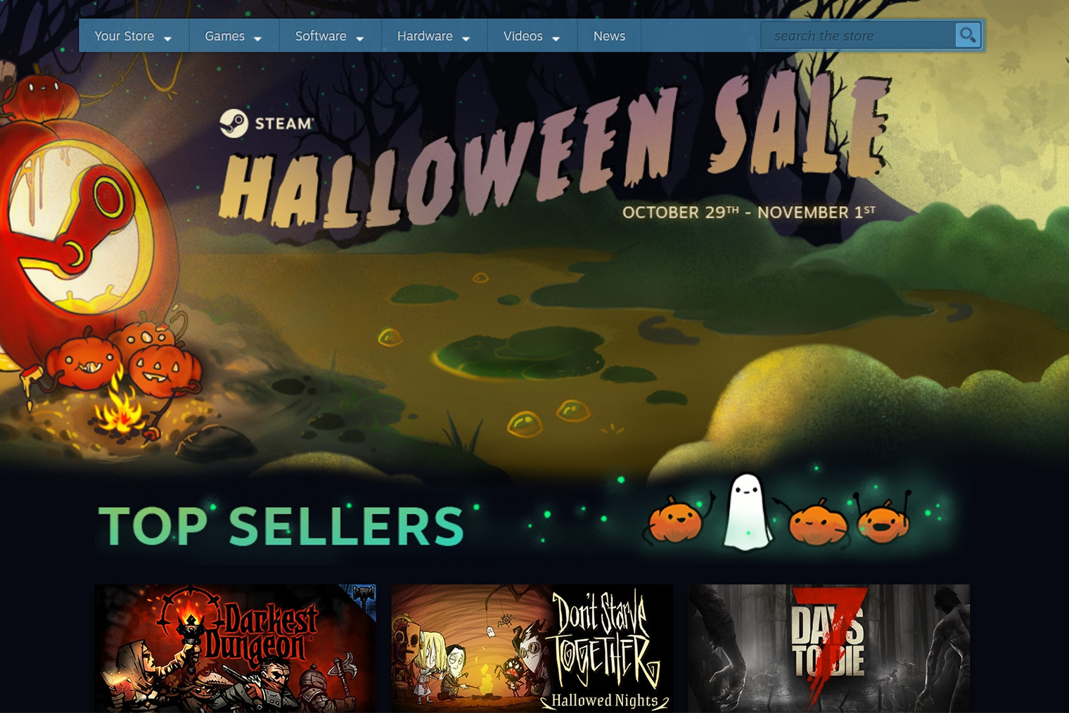 Во время распродажи на Хеллоуин Steam меняет оформление главной страницы. © Steam