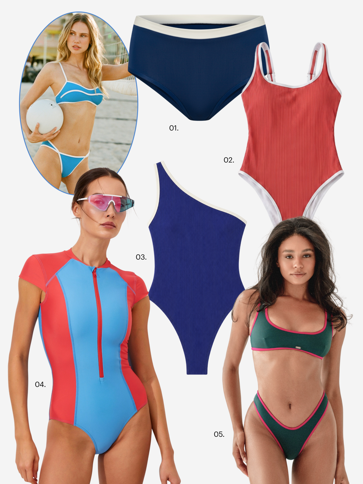 Самыми популярными остаются модели с контрастной окантовкой, как у Solid & Striped. Что купить: 01 — плавки Pygmy, 2 890 ₽; 02 — купальник Anutina, 2 900 ₽; 03 — купальник Asos, 7 080 ₽; 04 — купальник Katerina Riazanova, 8 720 ₽; 05 — купальник Lisitsa, 6 900 ₽