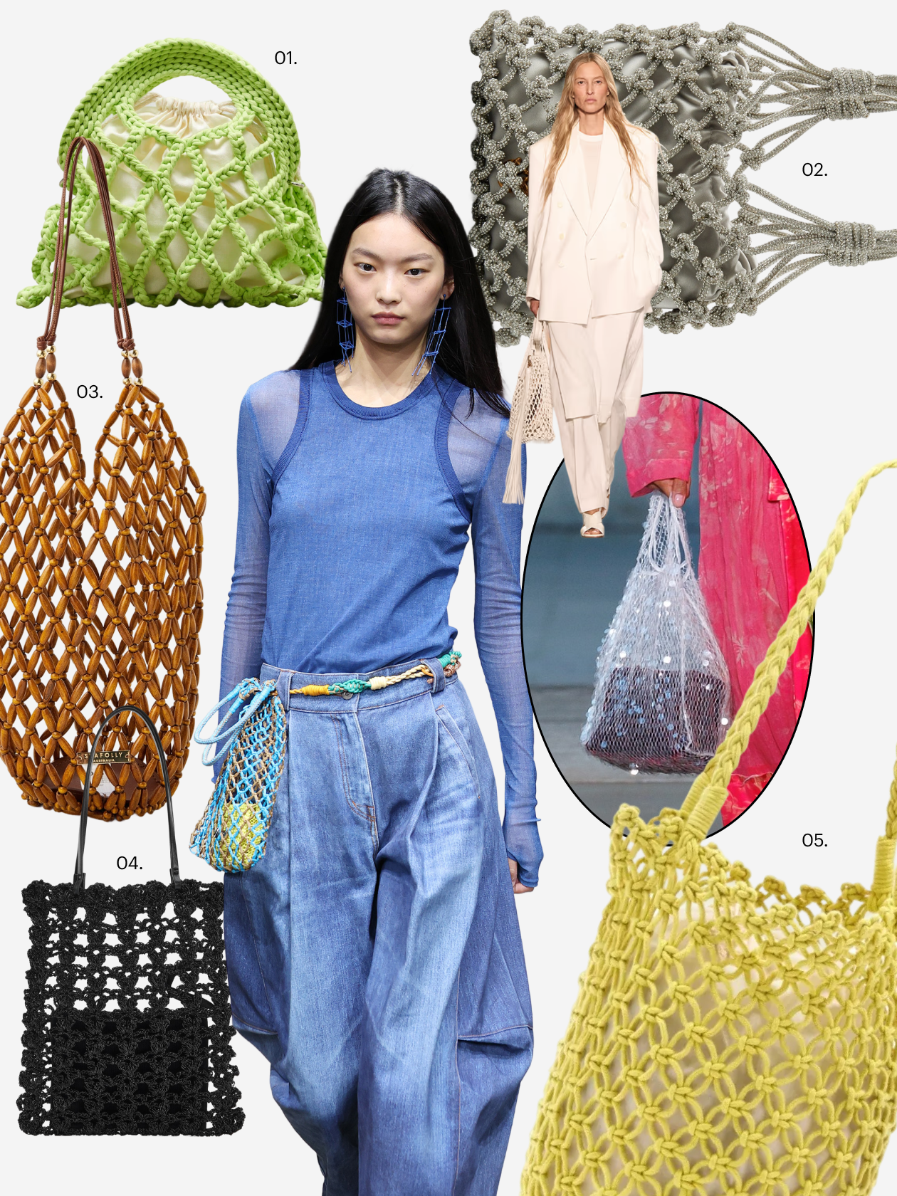 Что купить: 01 — сумка Usach, 3 366 ₽; 02 — сумка Pinko, 32 900 ₽; 03 — сумка Seafolly Australia, 13 900 ₽; 04 — сумка Zara, 8 450 ₽; 05 — сумка Jane’s Story, 2 539 ₽