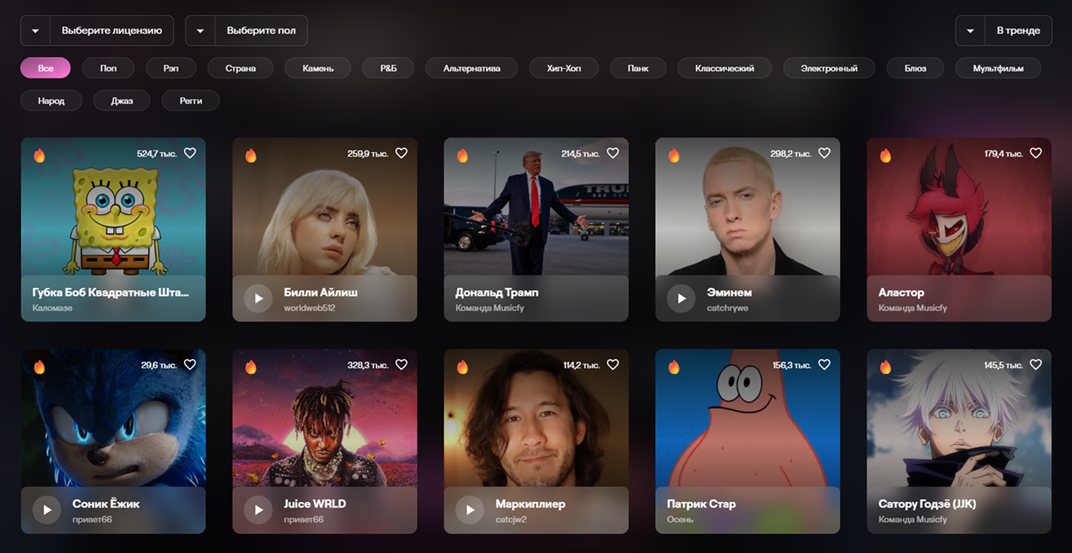 Часть доступных голосов для создания каверов на Musicfy
