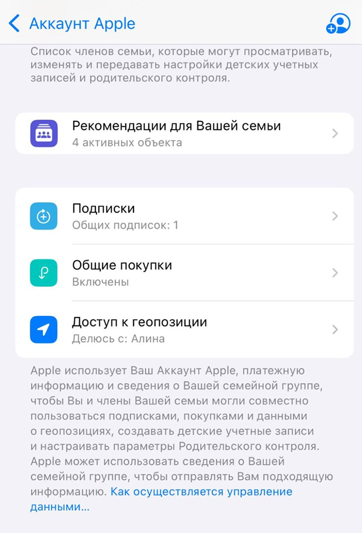 Управлять покупками и подписками можно в разделе «Настройки» → «Аккаунт Apple» → «Семья»