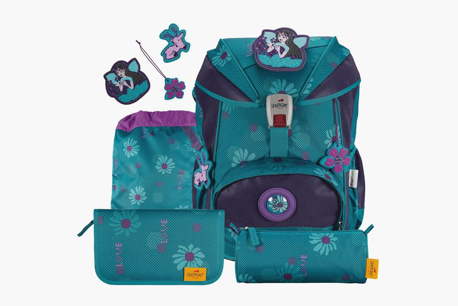 К рюкзаку Ergobag прилагается рюкзачок для спортивной формы, два пенала, папка для тетрадей и наклейки. Источник: ergobags.ru