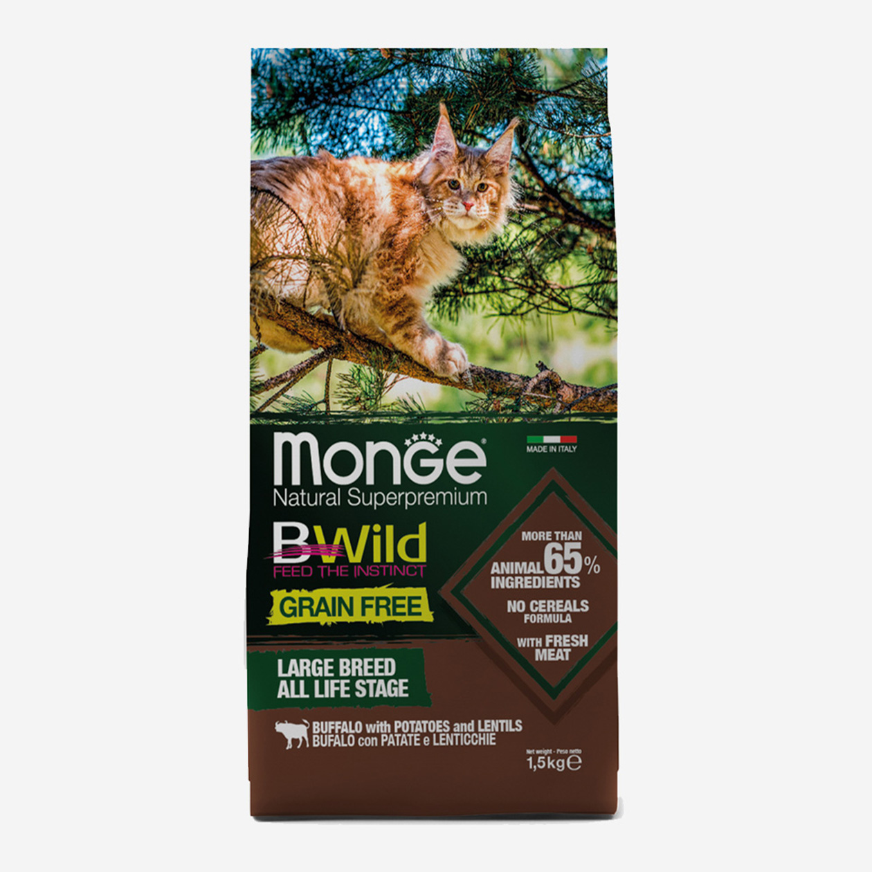 Monge Cat BWild Grain Free для котят и крупных кошек из мяса буйвола. Пачка 1,5 кг стоит примерно 2 600 ₽