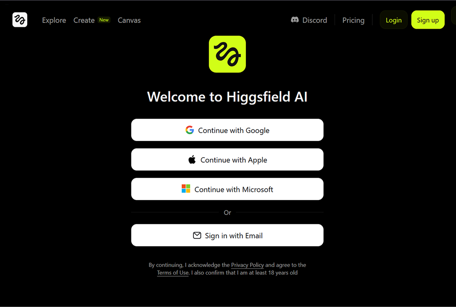 Окно регистрации. Источник: higgsfield.ai