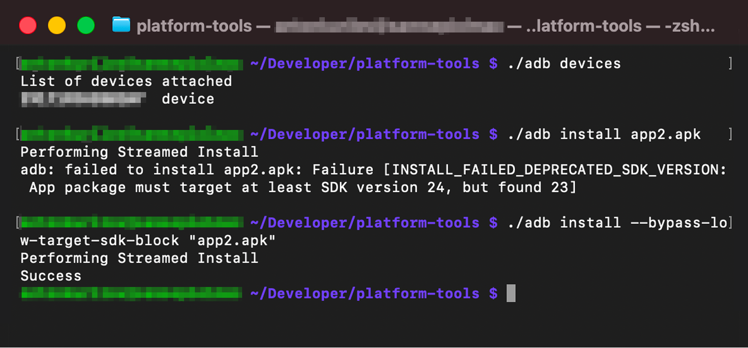 Приложение для устаревшей версии Android не установилось обычной командой adb install, зато установилось с флагом для обхода ограничения