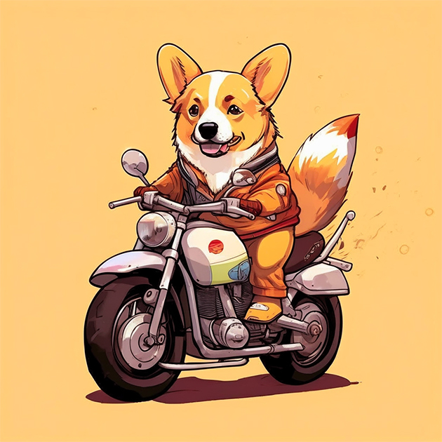 Корги на мотоцикле в аниме-стиле