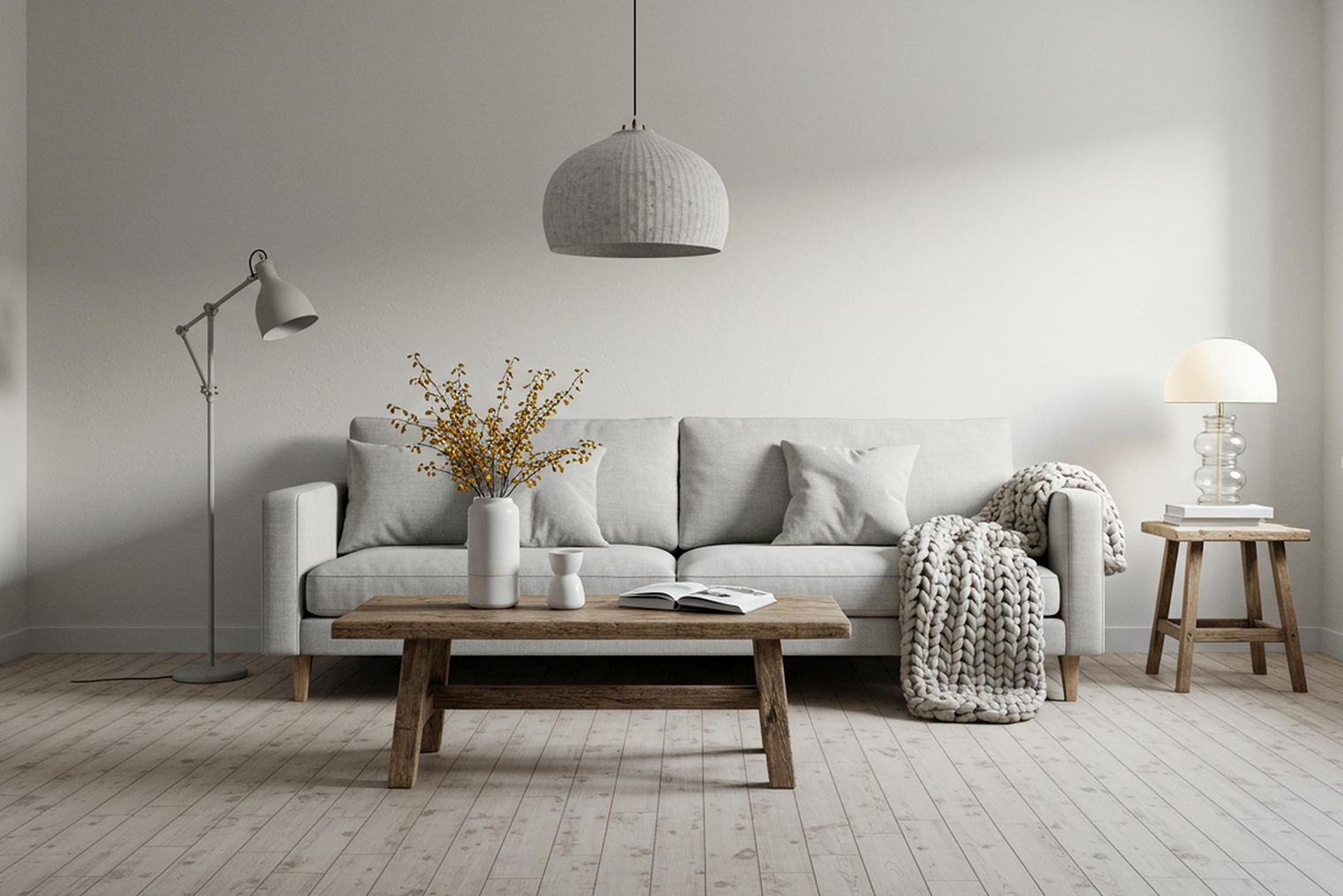 В минимализм хорошо вписываются деревянные, плетеные, глиняные элементы. Сухоцветы в вазах и комнатные растения также добавят живости. Фотография: InspireNest / Shutterstock / FOTODOM