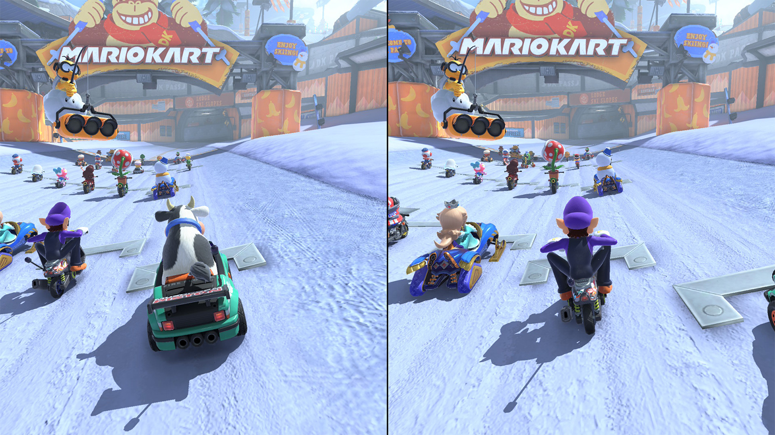 Mario Kart World идеальна для игры вдвоем. В режиме на четверых немного падает качество графики и сокращается частота кадров. С другой стороны, на экране творится такой кавардак, что становится вообще не до придирок к FPS. Кадр: Nintendo