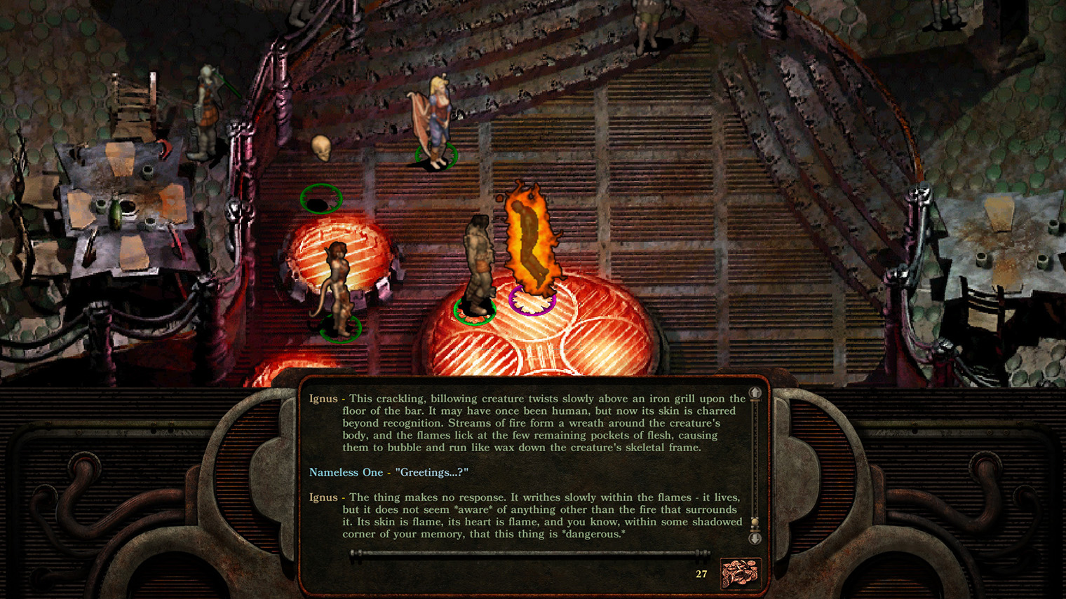 В Planescape: Torment придется много общаться с необычными существами. Например, с магом, который обречен гореть вечно. Кадр: Beamdog