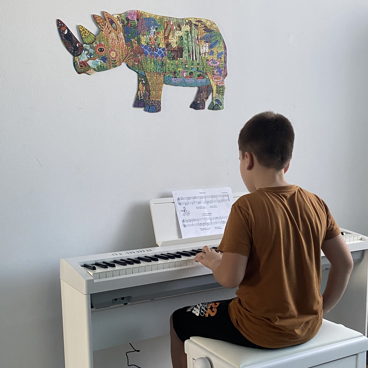 Фортепиано у нас дома электронное. Сейчас Даня уверенно играет произведения уровня третьего класса музыкальной школы, а занимается только полтора года