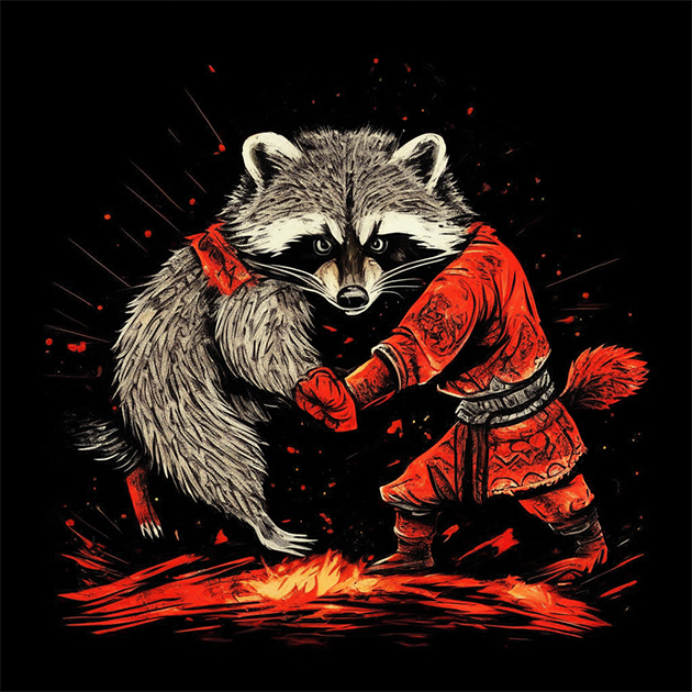 «Боевой енот в стиле хохлома», сгенерированный нейросетью Kandinsky 3.1 на сайте Fusion Brain, в официальном телеграм-боте GigaChat и с помощью бота во «Вконтакте» GigaChat