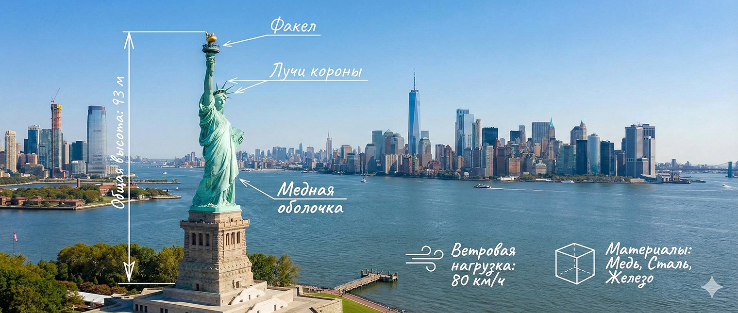 Статуя Свободы с нью-йоркским пейзажем и видом на бухту