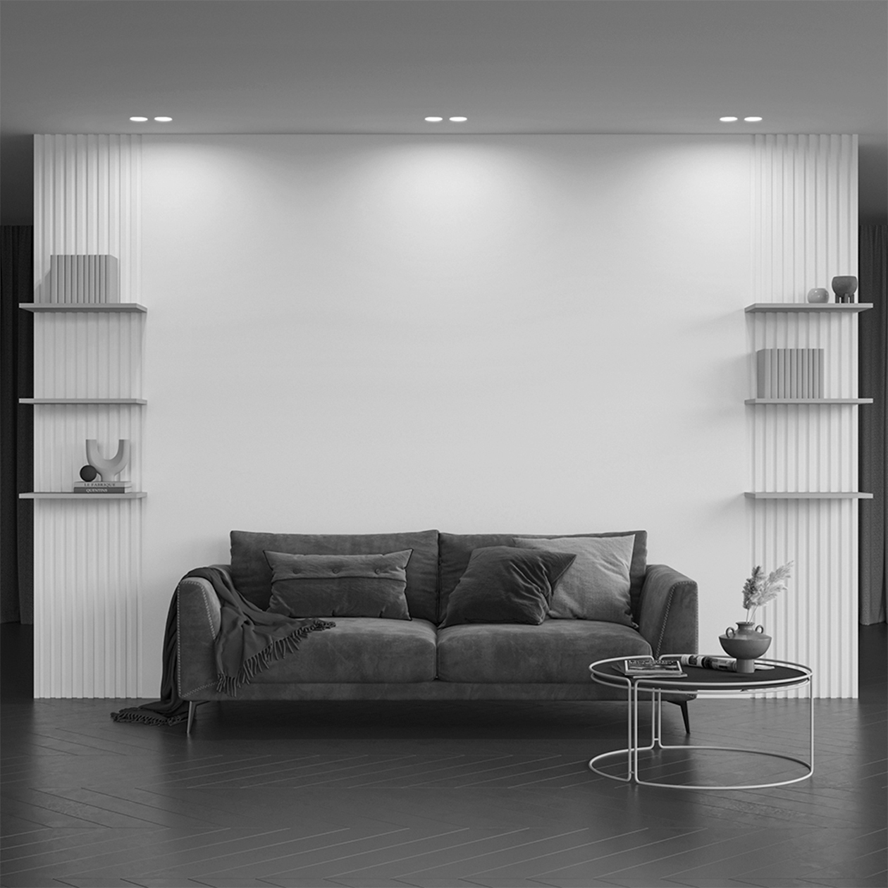 Сдвоенные гипсовые светильники выглядят очень эстетично на подвесных потолках, потому что за счет материалов их можно зашпаклевать и снаружи это будет выглядеть как бесшовная поверхность. © maytoni.ru