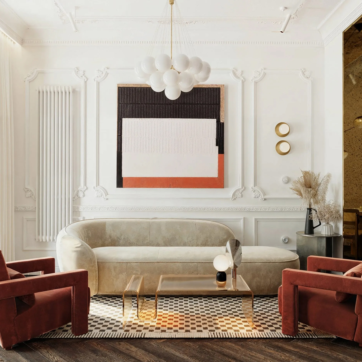 Современный парижский интерьер можно сочетать с другими стилями, например с мягким минимализмом или ар-деко. Главное — взять за основу нейтральные цвета и добавлять нужную эстетику и винтажные штрихи. Источник: decorilla.com