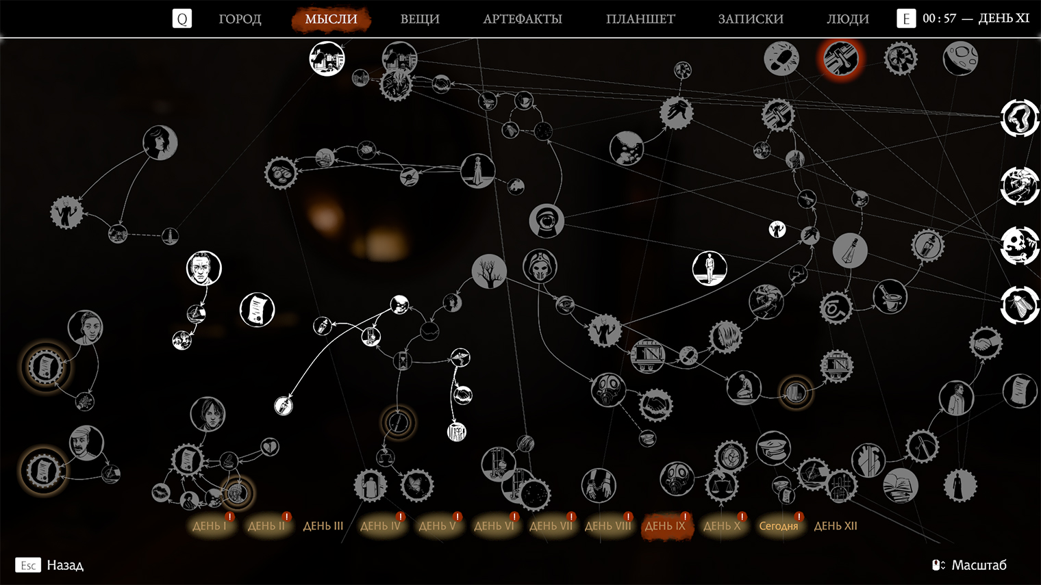 Все важные события отражаются на карте мыслей. За один день все не успеть, так что порой приходится перезапускать его несколько раз подряд. Ну или не подряд, а прыгая в разные дни
