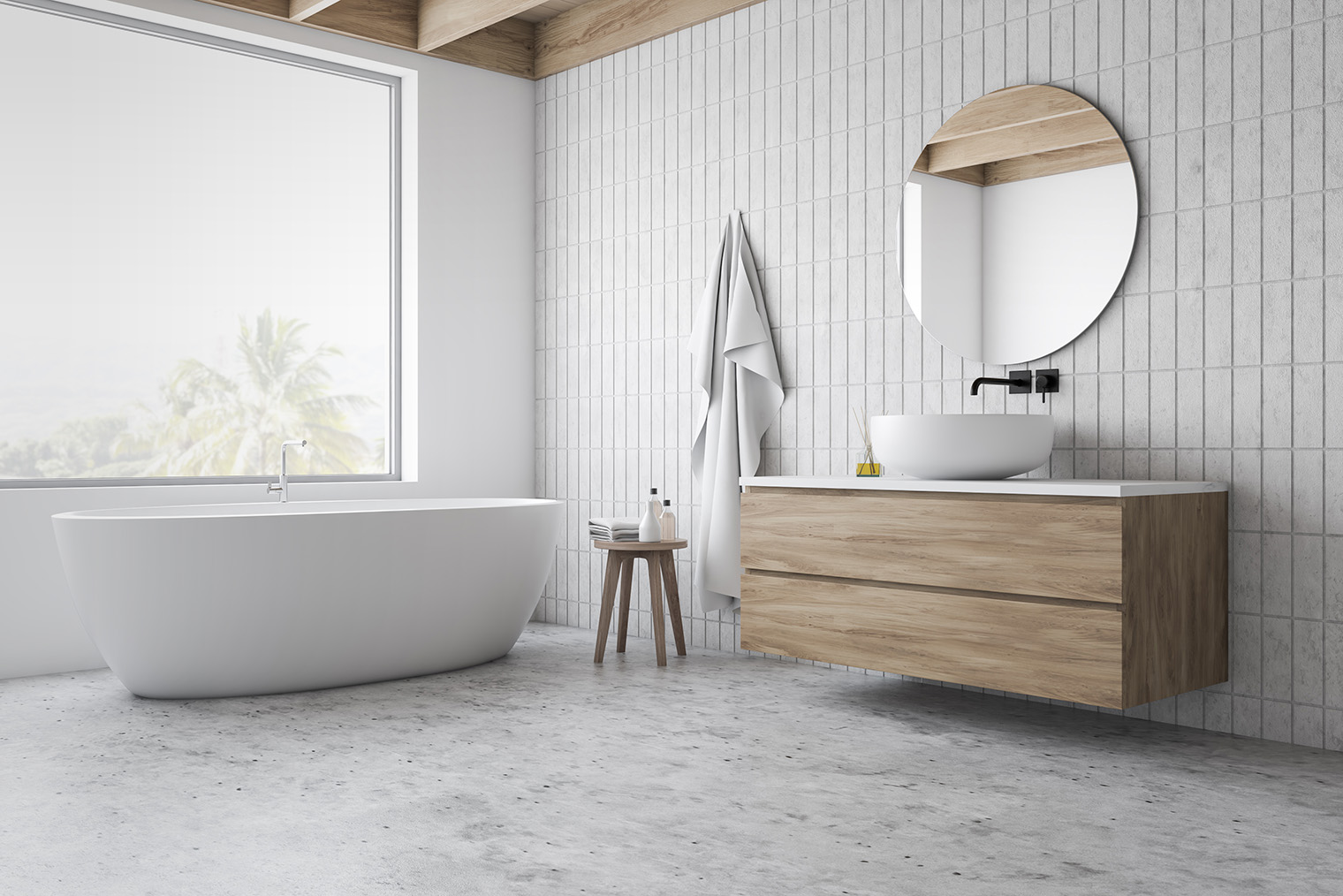 Узкая вертикальная плитка — самый модный вариант для ремонта ванной комнаты в 2024 году. Фотография: ImageFlow / Shutterstock / FOTODOM