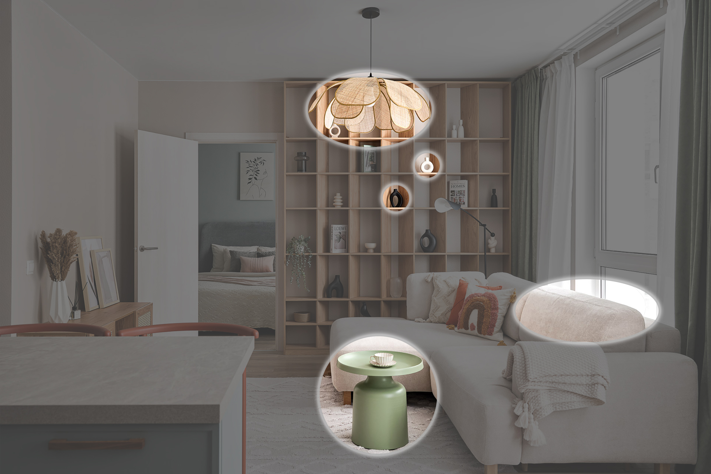 Круглые формы в гостиной части: столик, диван, люстра, детали в стеллаже. Источник: mirzabaeva-homestaging.ru