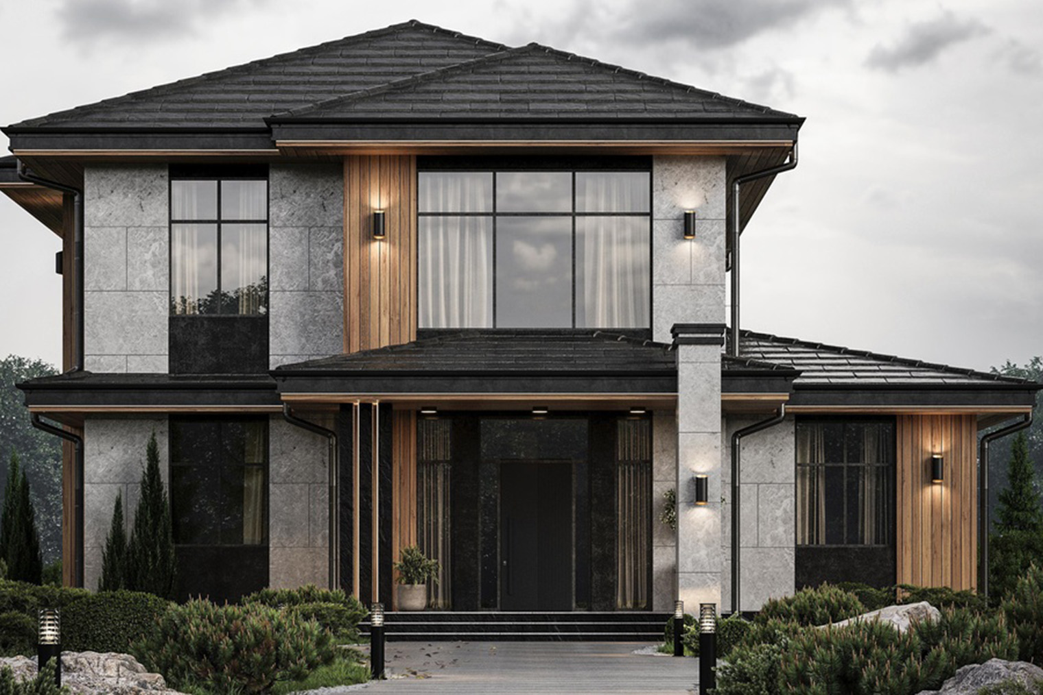 Образец CLT-дома на выставке Open Village: здесь у фасада комбинированная отделка из серого камня и вертикальных деревянных вставок. © openvillage.ru