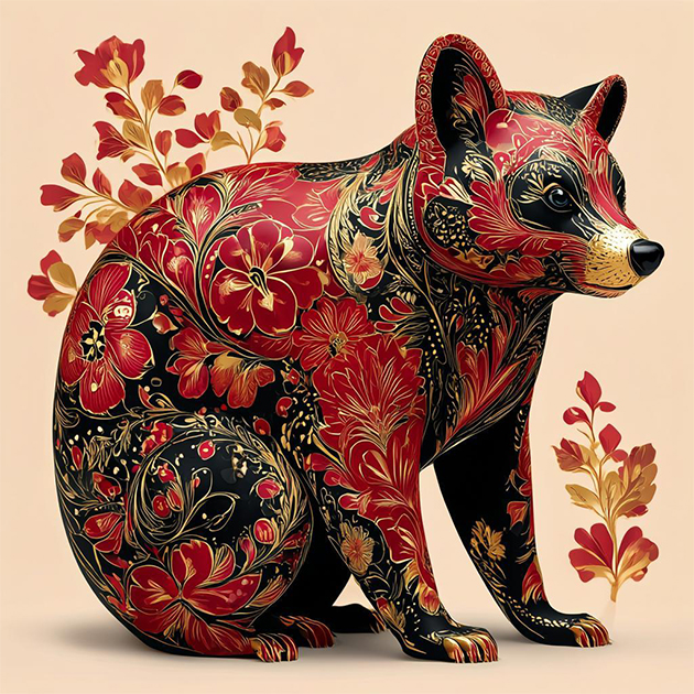 «Боевой енот в стиле хохлома», сгенерированный нейросетью Kandinsky 3.1 на сайте Fusion Brain, в официальном телеграм-боте GigaChat и с помощью бота во «Вконтакте» GigaChat