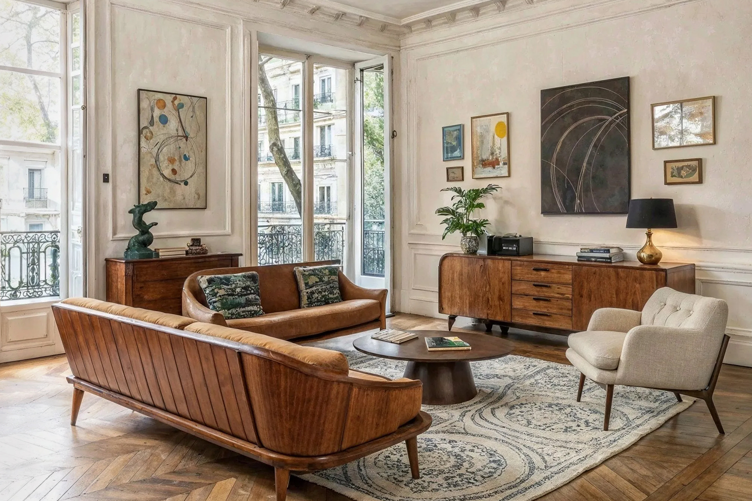 Классика жанра — паркет «елочкой» или широкая доска с эффектом состаренности. А на нем — ковер с неярким орнаментом, например персидский или французский килим с цветочными мотивами. Источник: decorilla.com