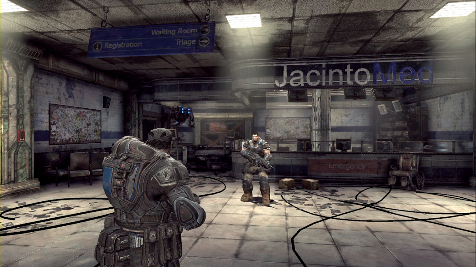 Gears of War 2 стартует с перестрелки в госпитале Хасинто, где нам показывают, что война с локустами еще не закончилась. Кадр: Xbox Game Studios