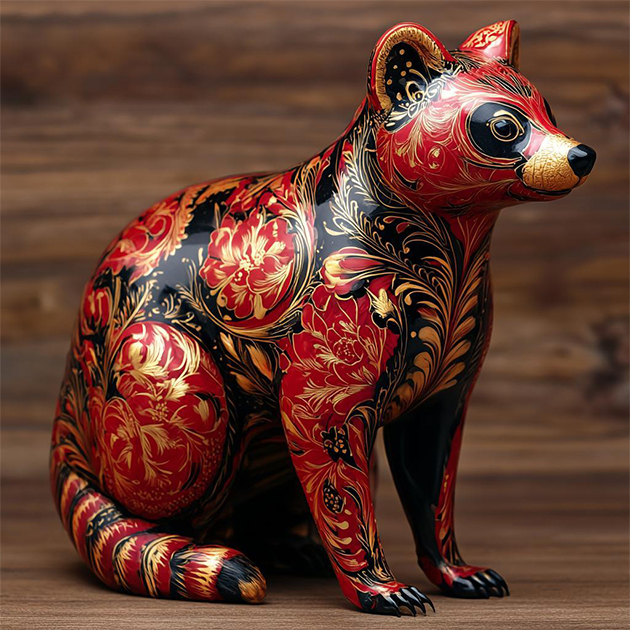 «Боевой енот в стиле хохлома», сгенерированный нейросетью Kandinsky 3.1 на сайте Fusion Brain, в официальном телеграм-боте GigaChat и с помощью бота во «Вконтакте» GigaChat