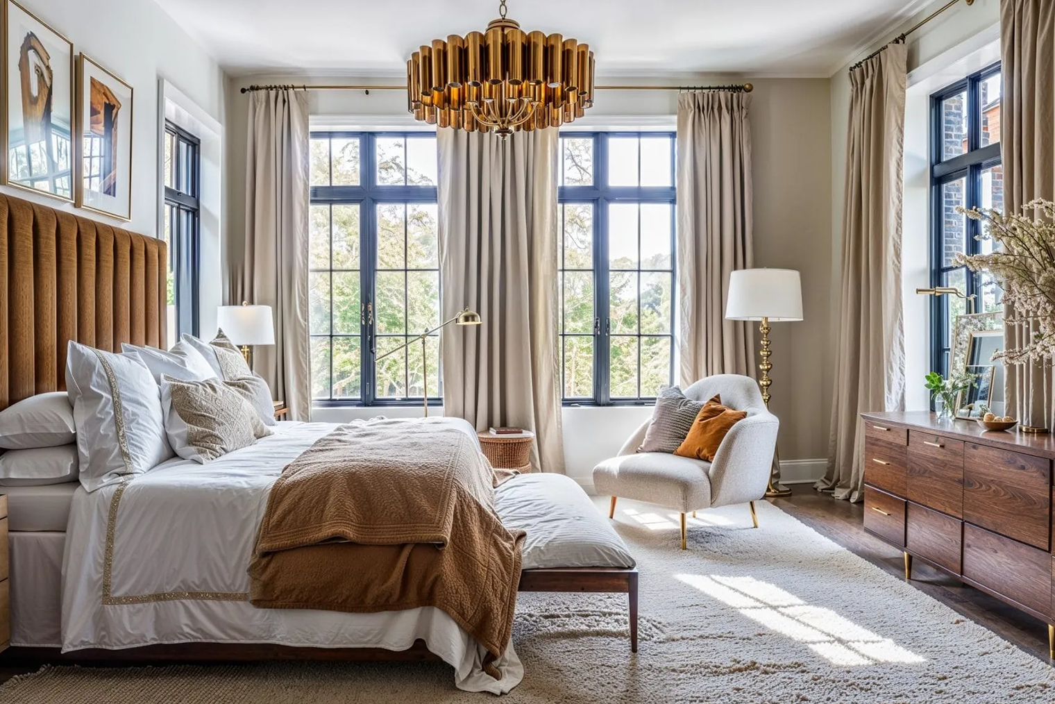 Важно насытить интерьер светом. Золотые, латунные или серебряные элементы также работают на это, отражая свет, и добавляют роскоши, не перегружая пространство. Картина в золотой раме или металлические ножки мебели усиливают элегантную и изысканную атмосферу. Источник: decorilla.com