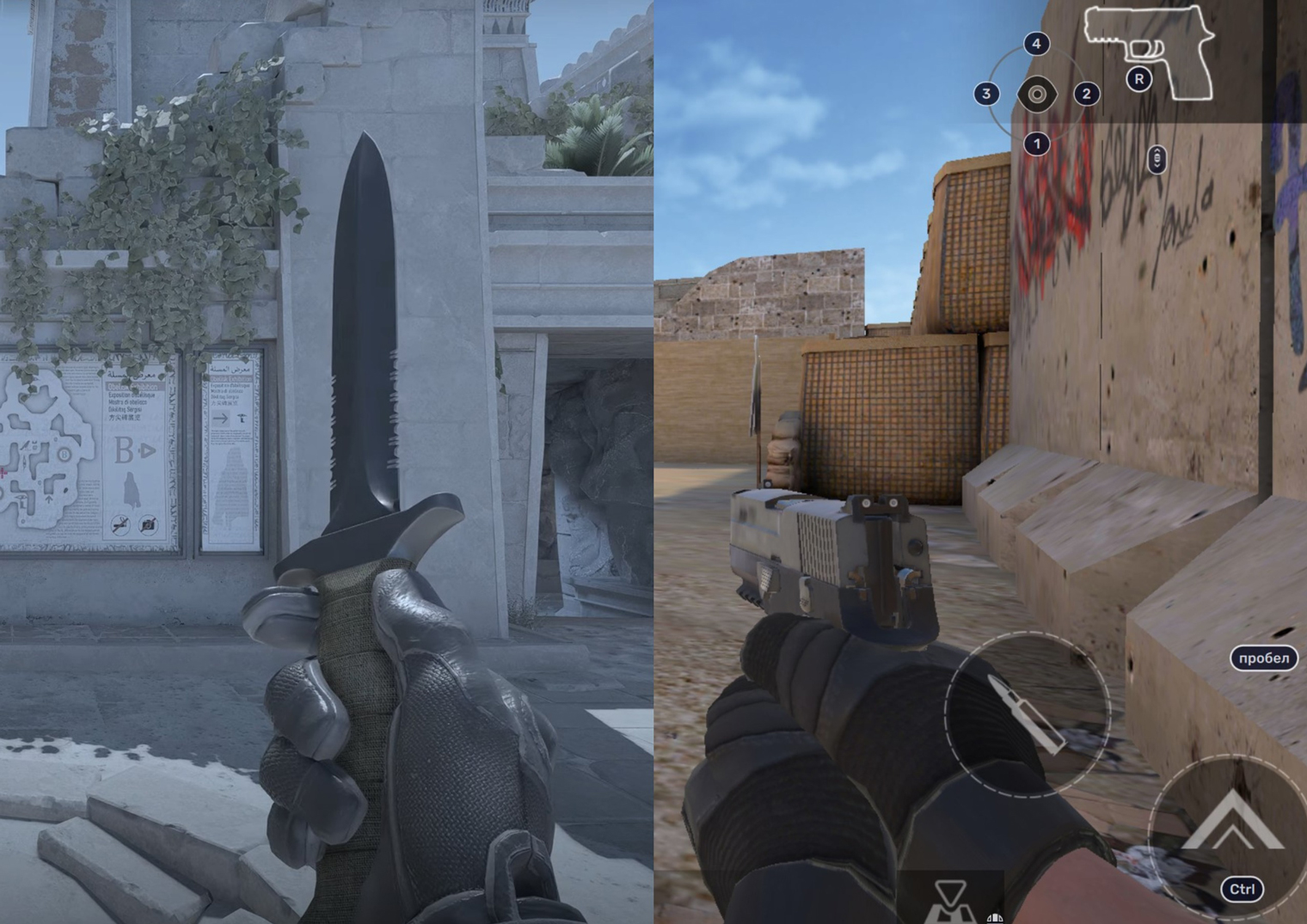 Слева — Counter-Strike 2, а справа — Standoff 2. Кадры: Valve Entertainment / Axlebolt