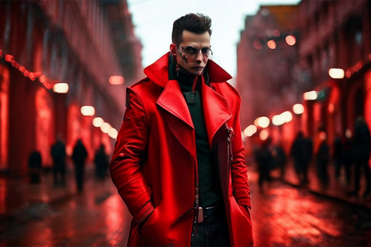 Оригинальная картинка: мужчина в красном пальто в Москве, киберпанк