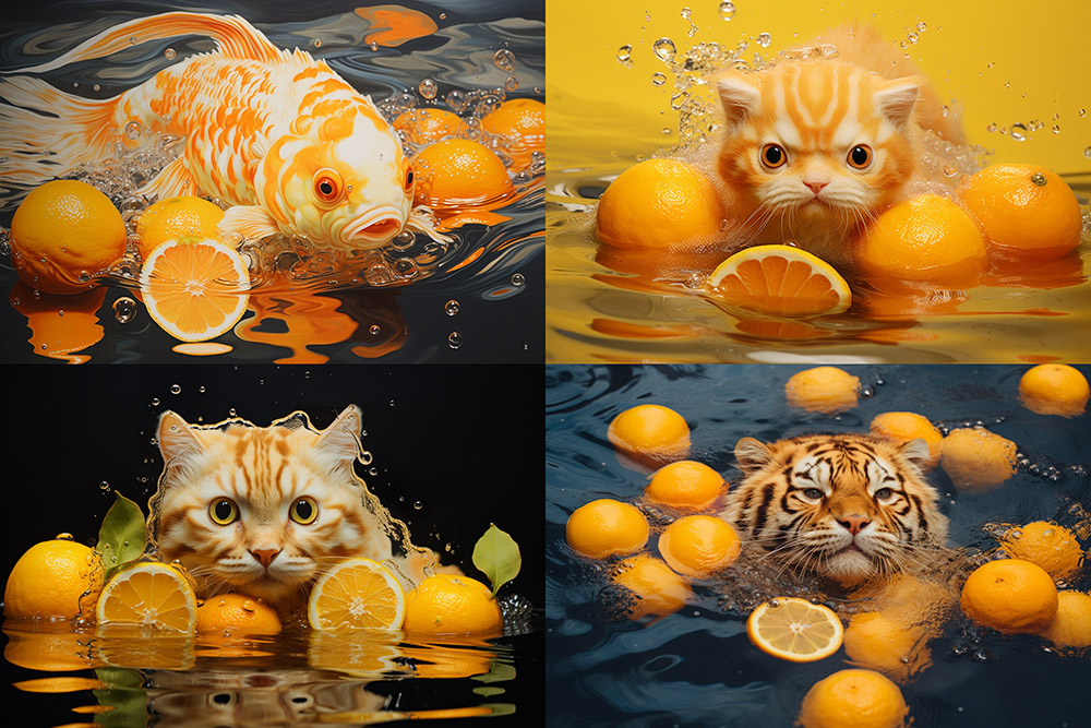 А вот другой промпт: an animal that is in the water with oranges on it, in the style of yellow, angura kei ⁠-⁠⁠-⁠ar 128:85. Как видите, вместо капибары тут просто «животное» — результат соответствующий…
