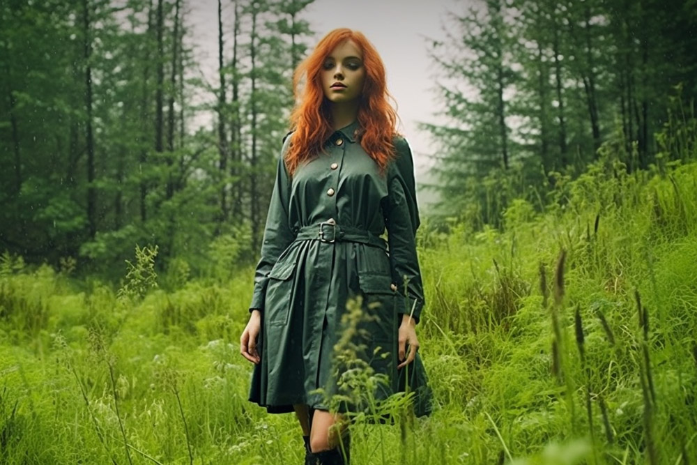 Рыжая девушка стоит на опушке леса, дождливо