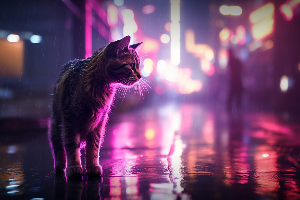 Кот гуляет в дождливую погоду под неоновым светом