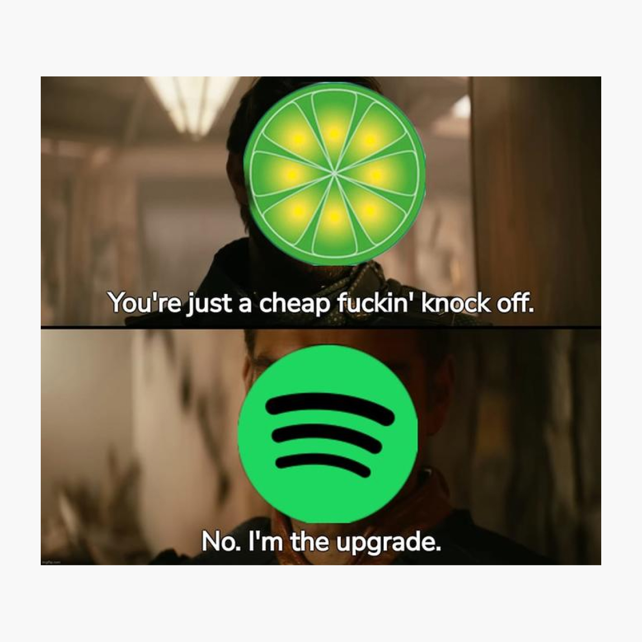 Базовая версия мема: пользователи сравнивают более старую программу для прослушивания музыки LimeWire с более современной Spotify. Источник: Know Your Meme