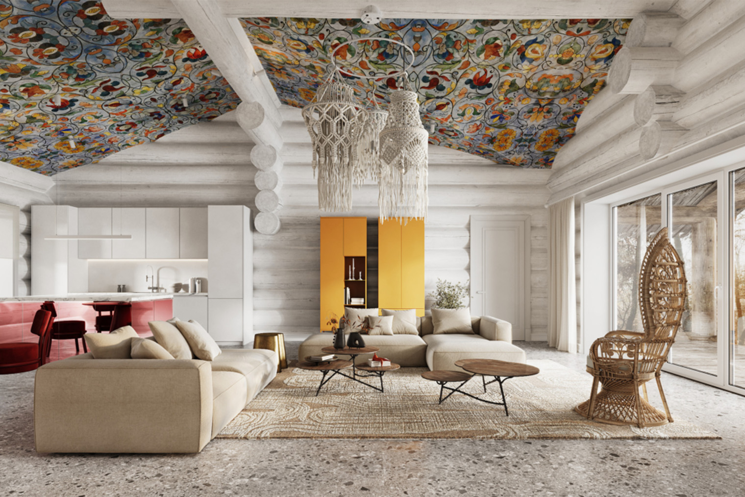 Абстрактные обои в русском стиле можно клеить на потолок — они оттенят нейтральный интерьер и добавят акцент. © gradiz.ru