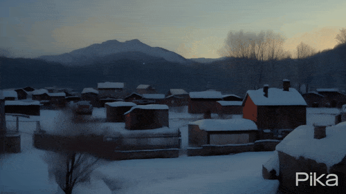 Зимний пейзаж одинокой деревушки на закате