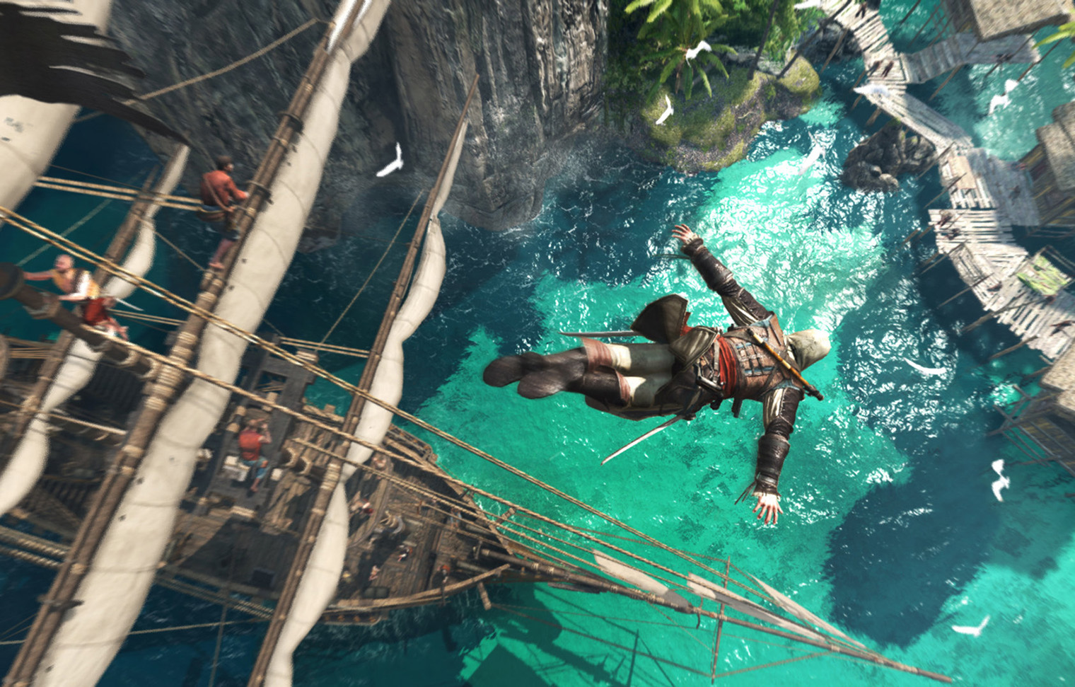 В Black Flag можно забраться на самую высокую мачту на корабле и совершить прыжок веры прямо в воду. Источник: Ubisoft