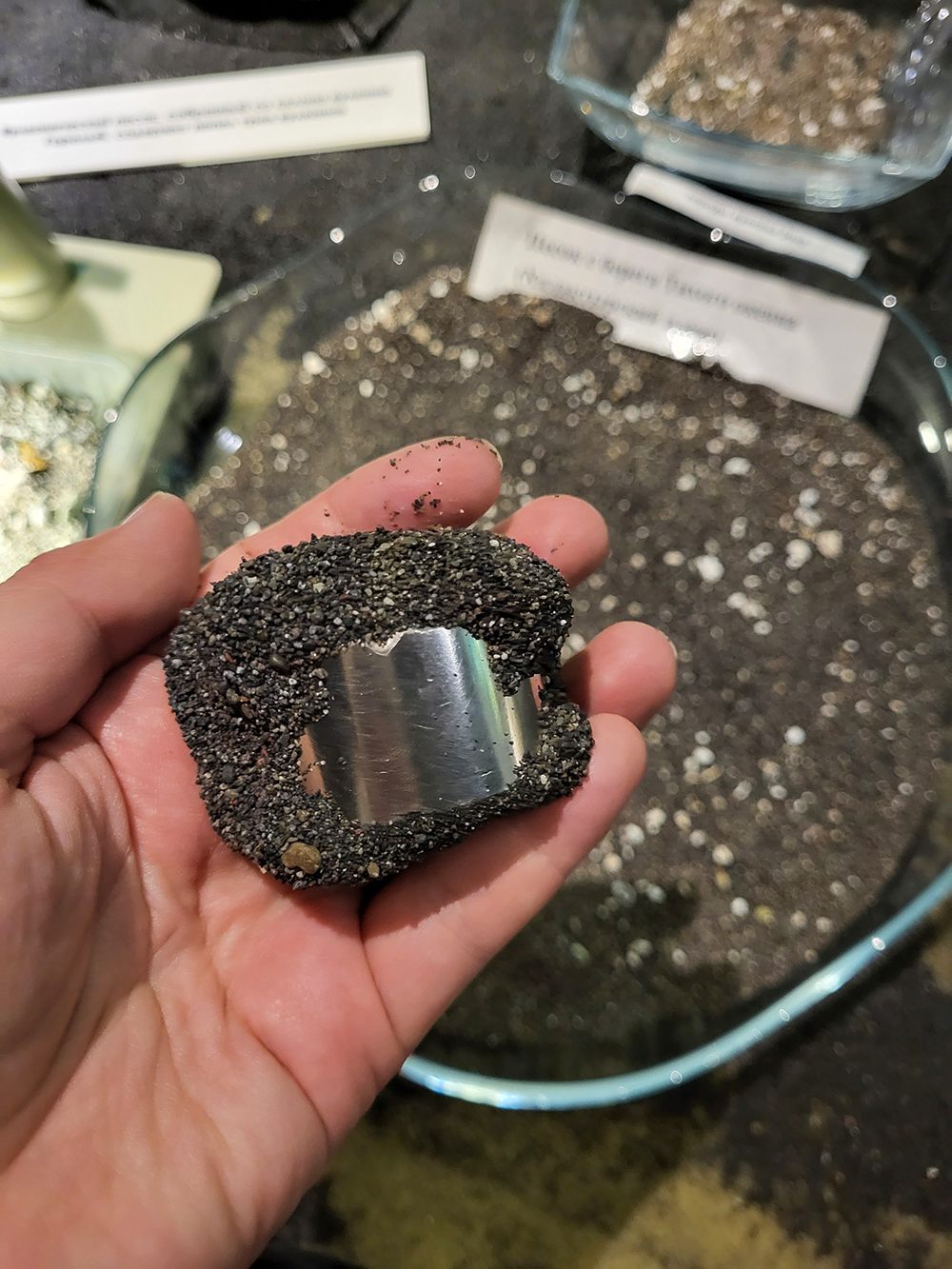 Вулканический песок содержит металлы и прилипает к магниту