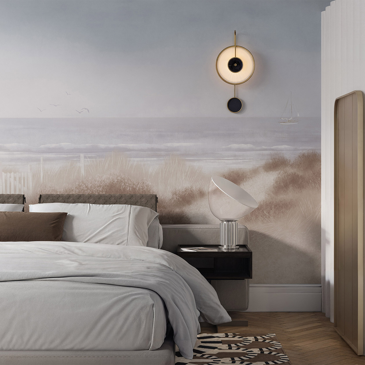 Нейтральный пейзаж хорошо сочетать с более геометричной мебелью в натуральных оттенках. Чем меньше отчетливых деталей будет на рисунке — тем лучше. © loymina.ru