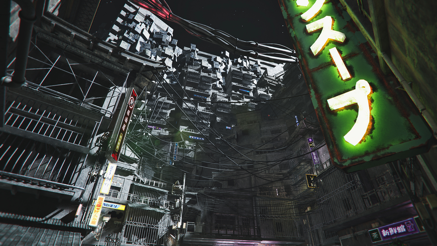 Оплетенные проводами многоэтажки, утыканные неоновыми вывесками, — теперь и в космосе. © Chaos Manufacturing