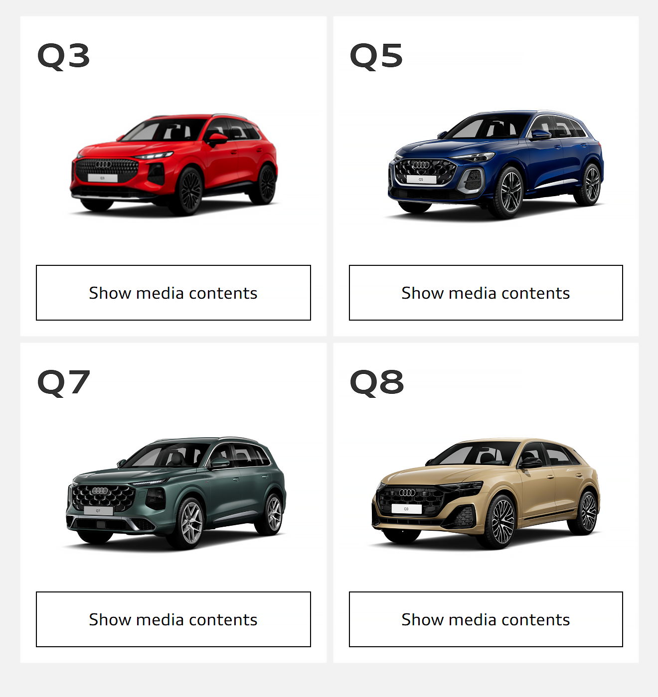 Актуальный модельный ряд кроссоверов Audi — с единым дизайном. Только Q8 из нынешней линейки кроссоверов остается в старой стилистике бренда