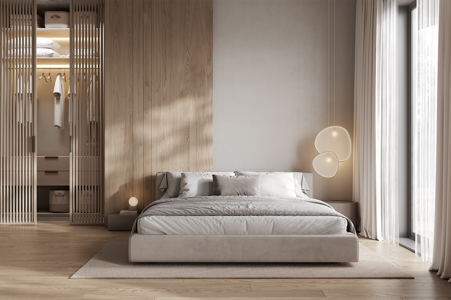 В спальне используют все те же принципы: монохромную гамму, много света, лаконичность и мягкие формы. Фотография: Liliia Lytvyn / iStock