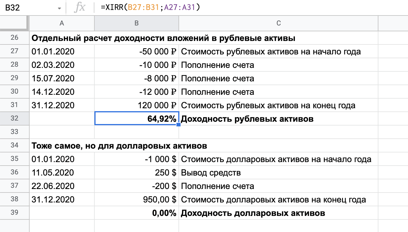 Шаблон расчета доходности для портфелей в разных валютах ищите в нашей таблице