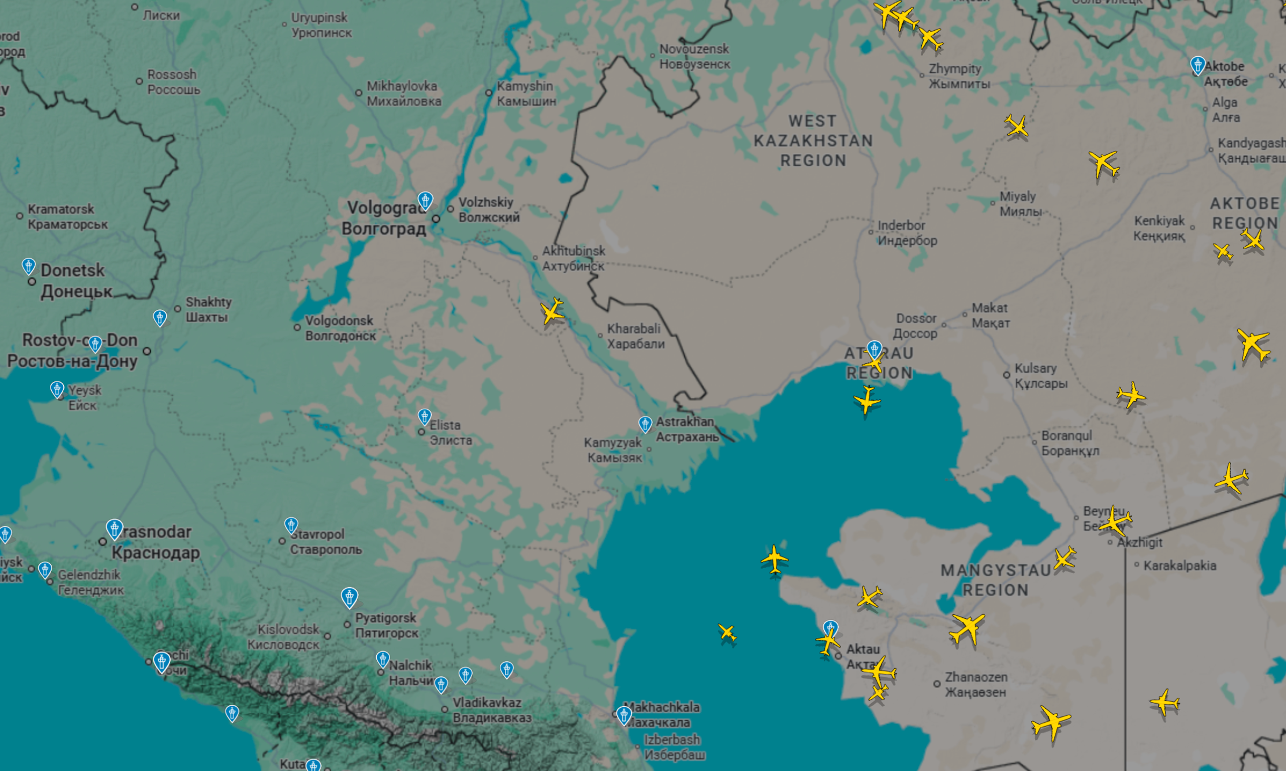 Ситуация в небе на юге России на момент написания новости, по данным Flightradar. © flightradar24.com