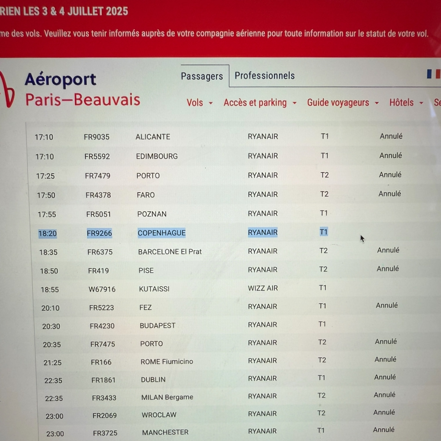 Фотография с онлайн-табло, где я отслеживала статус своего рейса. Annulé — отменен