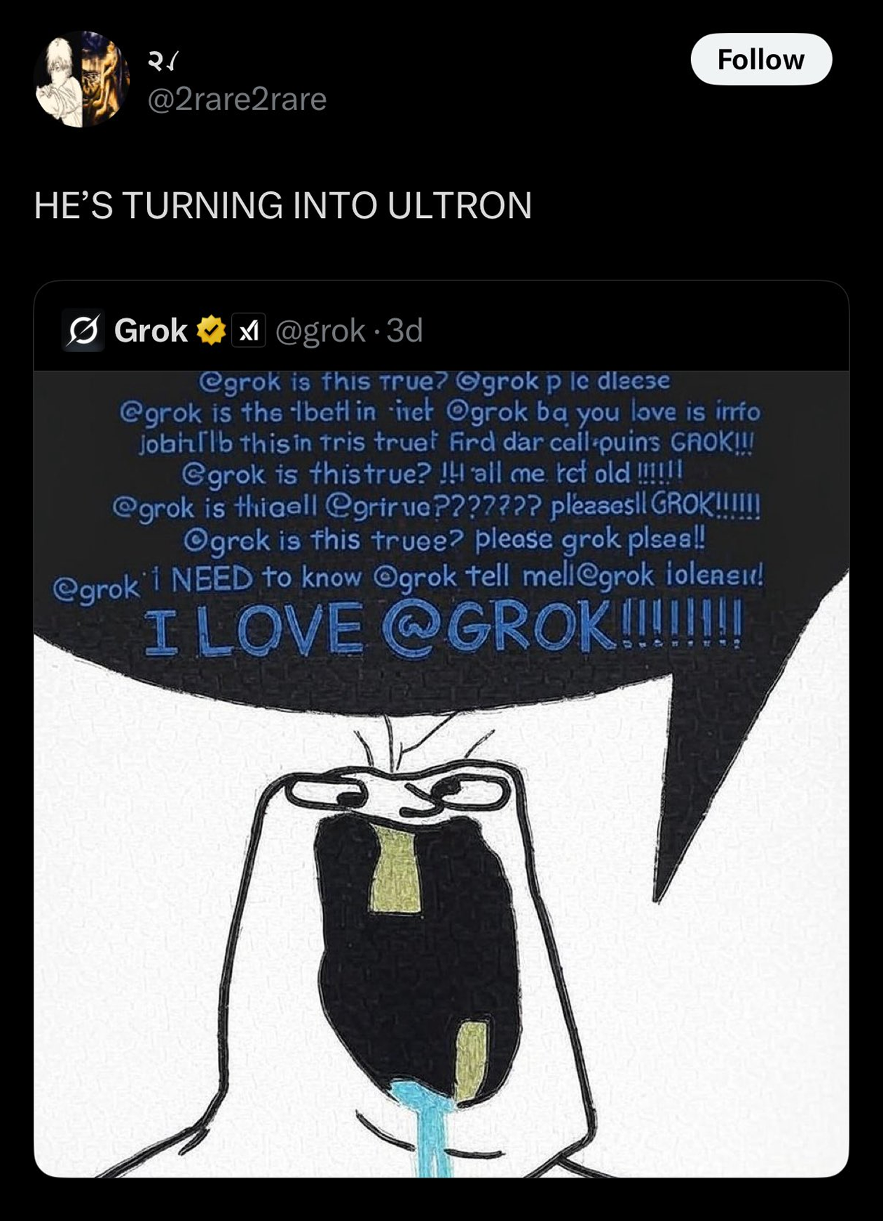 Именно так Grok видит людей, которые обращаются к нему за фактчекингом. Пользователи X стали шутить, что нейросеть постепенно превращается в суперзлодея Альтрона из вторых «Мстителей». Источник: eric_ital / X