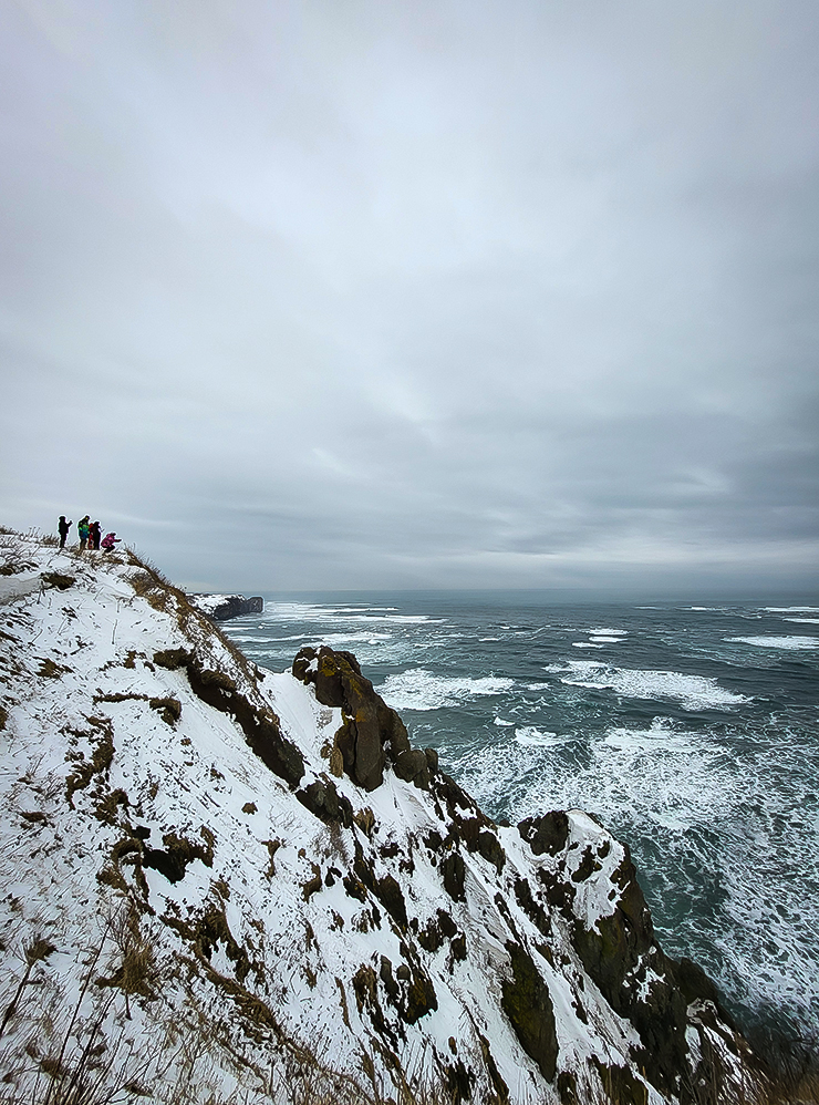 Туристы завороженно фотографировали бескрайний океан, а я — их. Скалы покрыла ледяная корка, подходить к краю было страшно