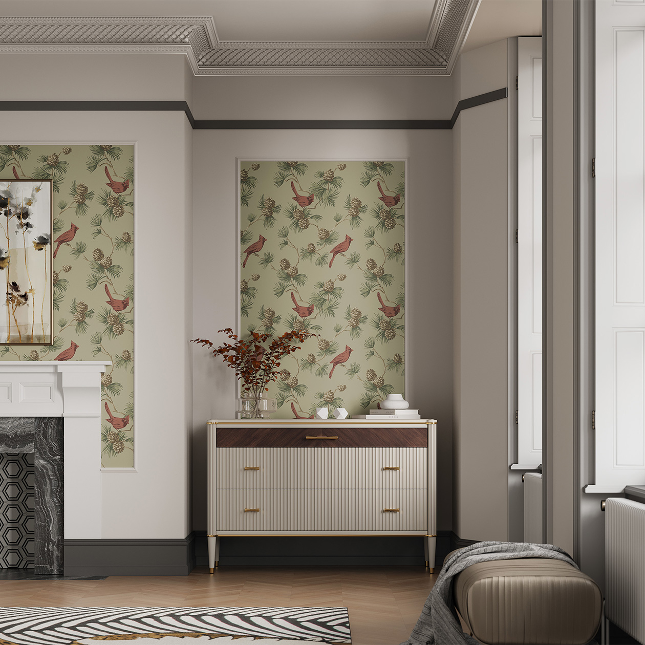 Более спокойный вариант для классических и современных интерьеров — обои с певчими птицами и растениями. Их часто обрамляют, как картины. © loymina.ru