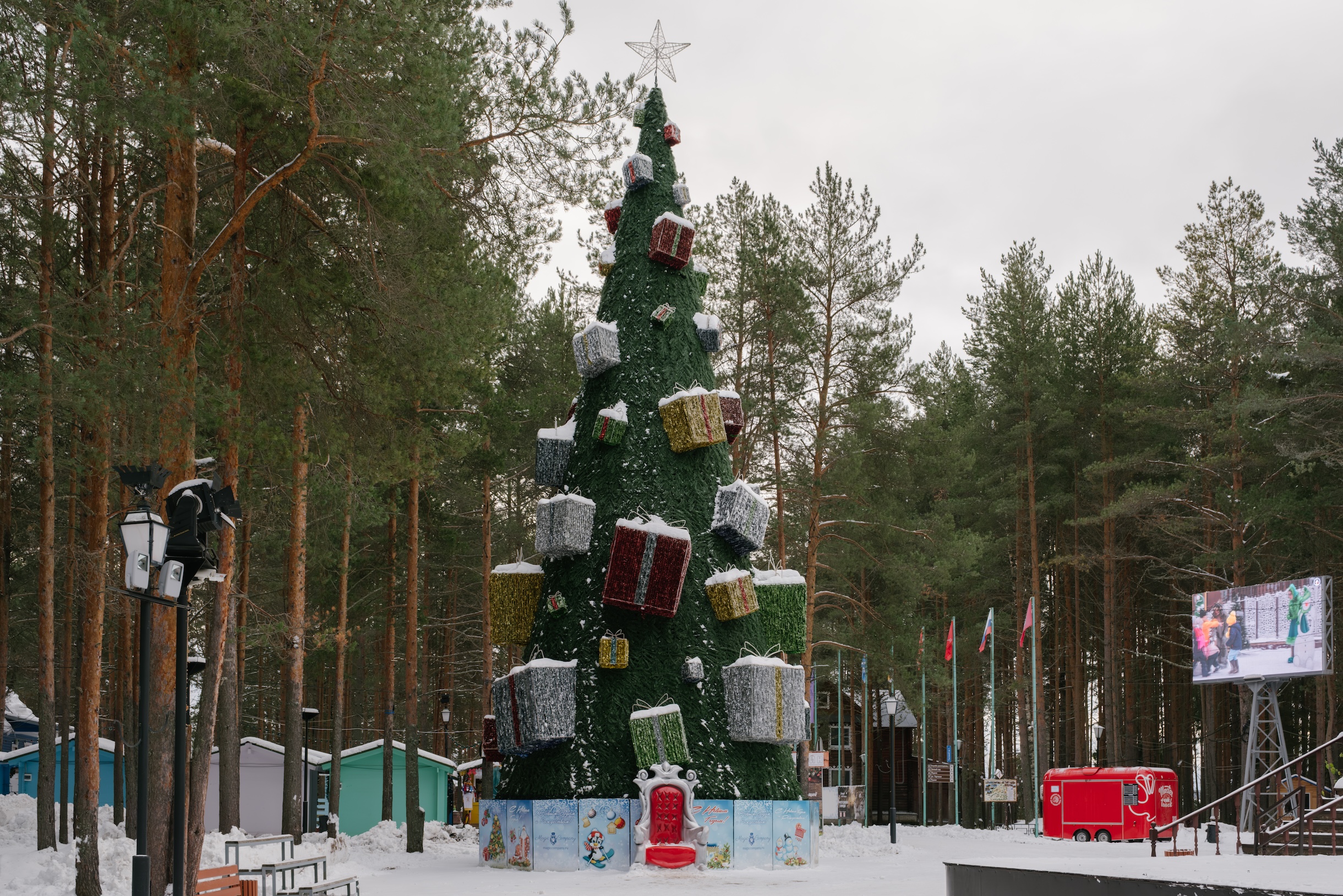 Огромная елка у дедушкиного терема в прямом смысле усыпана подарками